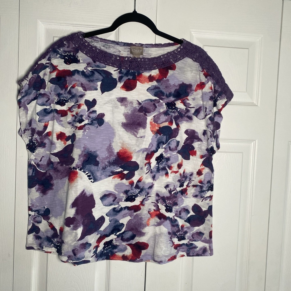 Chicos 3 Womens XL‎ Purple Floral Lace Boxy Top Cotton Made in India